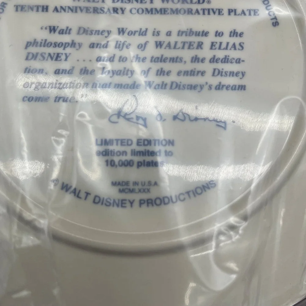 Walt Disney World 10th Anniversary Commemorative Plate 1971-1981 Limited Edition
